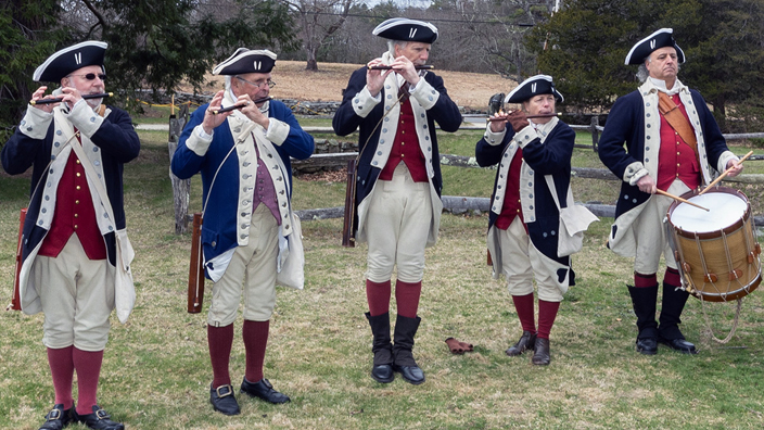 Men in pointy hats stand in a field and play instruments and hold flags
